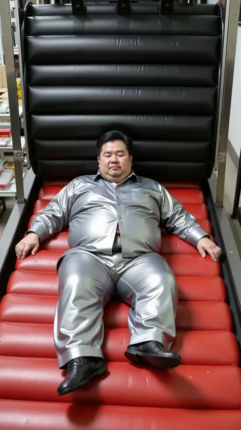 A fat ugly japanese middle aged man wears a shining silver uniform shirt and shining silver uniform pants, he is laying on a conveyor belt made of shiny padded red rubber, a heavy shiny black rubber press made of shiny padded rubber looms above her body ab...