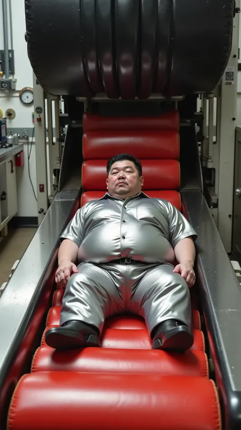 A fat ugly japanese middle aged man wears a shining silver uniform shirt and shining silver uniform pants, he is laying on a conveyor belt made of shiny padded red rubber, a heavy shiny black rubber press made of shiny padded rubber looms above her body ab...