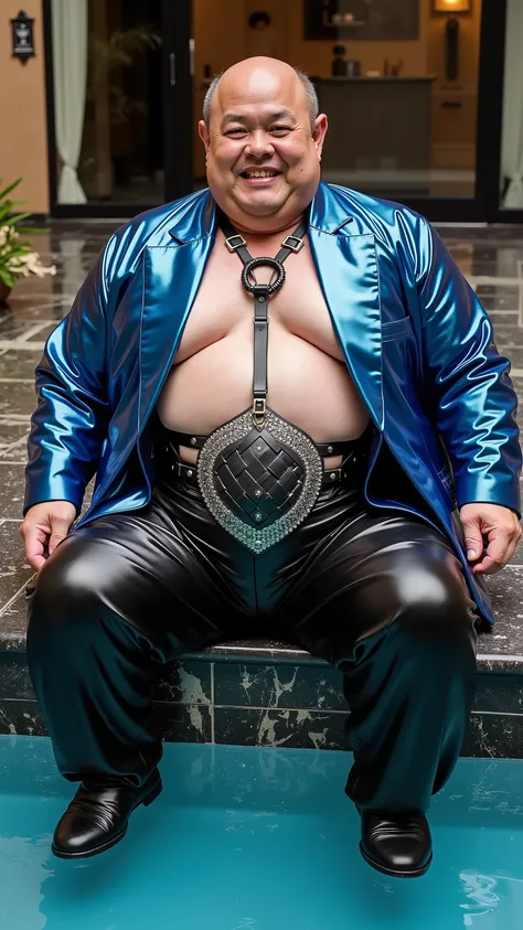 A fat old Asian man that weighs 600 pounds has a massive belly, thick thighs, wearing a beautiful shining metallic blue vinyl jacket blazer, wearing glistening black latex jeans, wearing a shining silver belt that is tight and thick, wearing a shining blac...