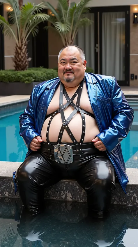 A fat old Asian man that weighs 600 pounds has a massive belly, thick thighs, wearing a beautiful shining metallic blue vinyl jacket blazer, wearing glistening black latex jeans, wearing a shining silver belt that is tight and thick, wearing a shining blac...