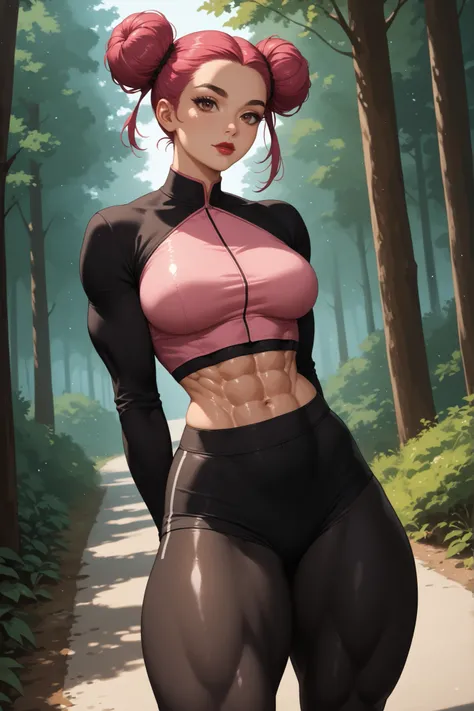 Forest, trees, road, perfect body, perfect face, ((pink top knot hair double bun)), (forehead), black thick eyebrows, brown eyes, dark red lips, closed mouth, beautiful female, (black long sleeves crop top, crop top), (medium breasts, perfect breasts), (mu...