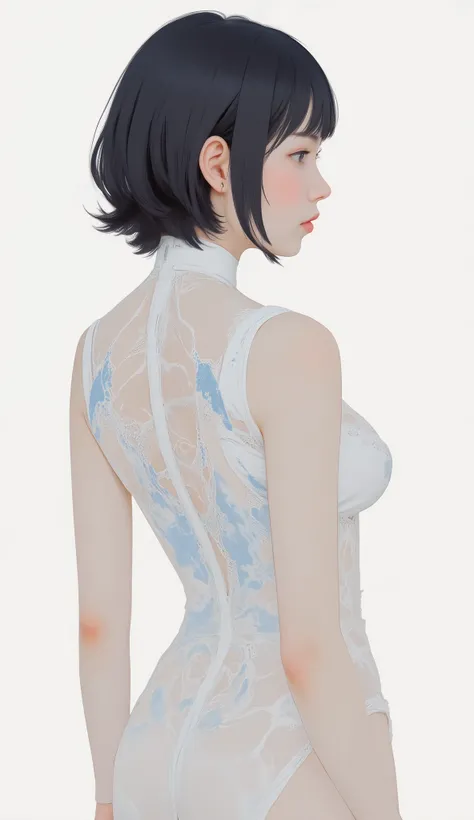 profile、shot from below、 womanhood ,White background with blue accents、fitted white sheer lace fabric bodysuit with blue accents on white background、the body line is clear,,dark hair、Matching bangs、beautiful Japanese girl、big boobs、looking up obliquely、dy...