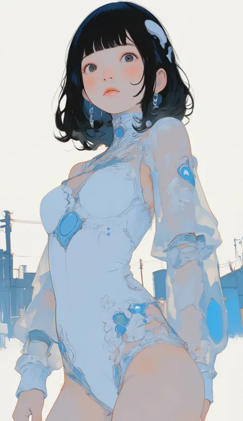 profile、shot from below、 womanhood ,White background with blue accents、fitted white sheer lace fabric bodysuit with blue accents on white background、the body line is clear,,dark hair、Matching bangs、beautiful Japanese girl、big boobs、looking up obliquely、dyn...