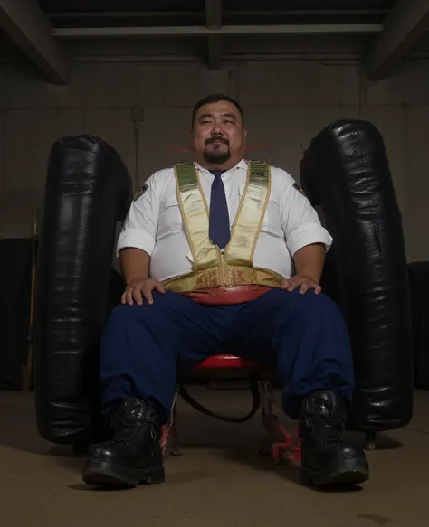 in a lighted abandoned warehouse,  a dripping with sweat 32 year old 280 pound fat belly Japanese male police man sitting on a padded red stool between two heavy thick black shiny rubber mattresses mounted on hydraulics intended to squeeze the man, robust ...