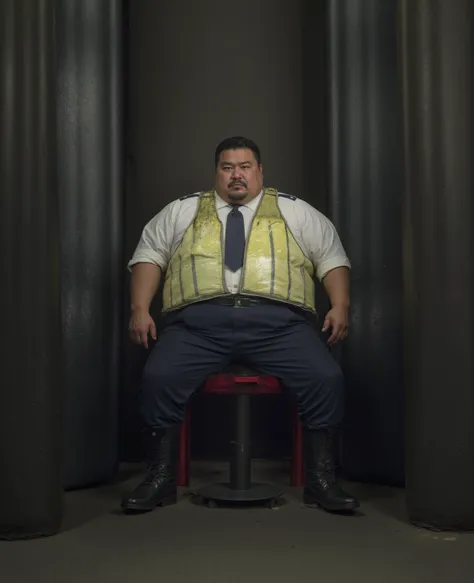 in a lighted abandoned warehouse,  a dripping with sweat 32 year old 280 pound fat belly Japanese male police man sitting on a padded red stool between two heavy thick black shiny rubber mattresses mounted on hydraulics intended to squeeze the man, robust ...