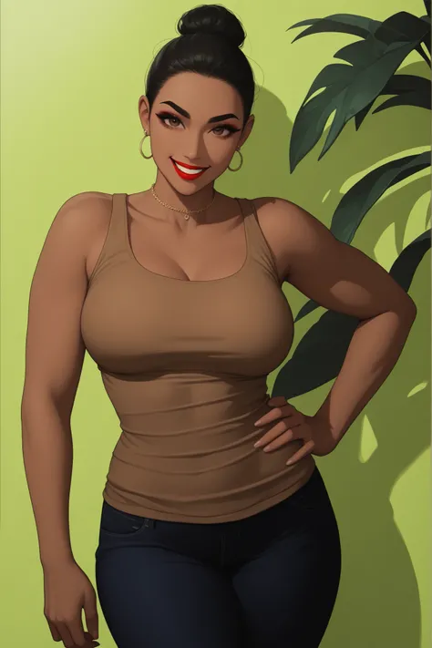 1girl, perfect body, black hair, hair bun kont top, forehead, black thin eyebrows, big brown eyes, black eyeliners, red thick lipstick, big smile, beautiful girl, medium breasts, brown tank top, blue jeans pants, thick thighs, hand on hip