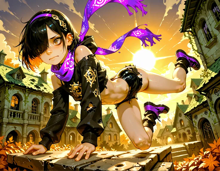 masterpiece, detailed_eyes, high_quality, best_quality, highres, absurdres, 8k, score_9, 1girl, 少女, ロリ, 中学生, JS, ((action pose, jumping, leaping, parkour, jump across buildings, sunrise)), ((nervous expression)), (((small girl, petite proportions))), (hair...