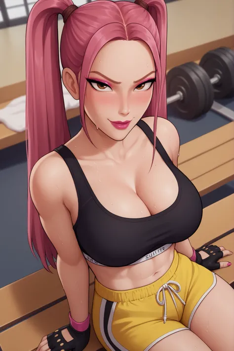 BREAK, score_6_up, score_7_up, score_8_up, score_9, 1girl, solo, kpdh_m1ra, long hair, dark pink hair, brown eyes, twintails, lipstick, makeup, official KPop Demon Hunters aesthetic, large breasts, busty, cleavage, curvy, athletic, looking at viewer, seduc...