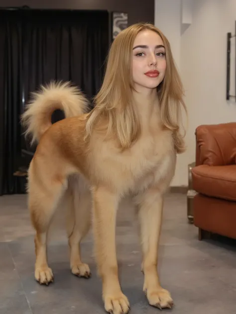 (masterpiece, high quality, high resolution hairstyle, hyperrealistic photograph), Majestic anthropomorphic female dog, hybrid creature standing on the ground on its four legs, humanized canine anatomy in an elegant posture, beautiful female face with deli...