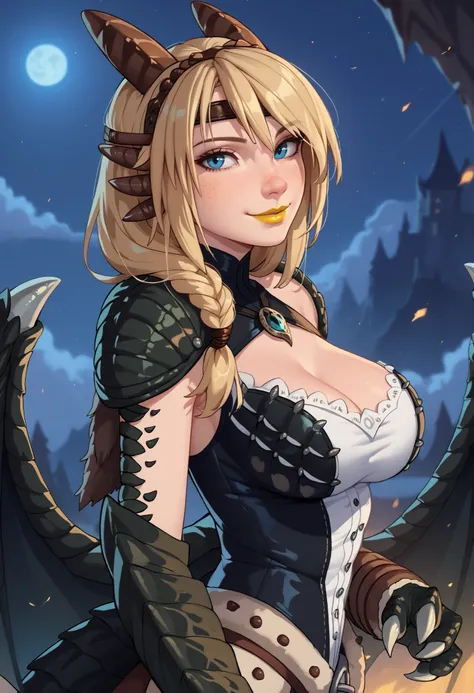 woman, big breasts, anime style, yellow lipstick, blue eyes, blonde hair, white skin, black scales, dragon wings, dragon tail, dragon claws, dark environment, focus on the character, looking at the viewer, sensual smile, black scales, side view, night, Ast...