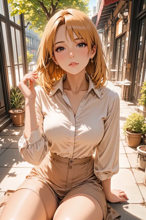 Anime style illustration, masterpiece, ultra detailed, vivid colors, soft ambient light, high resolution, realistic textures, Eye-level shot, thigh-up portrait, standing straight, A charming mature woman, **face gently lifted**, **soft downward glance at v...