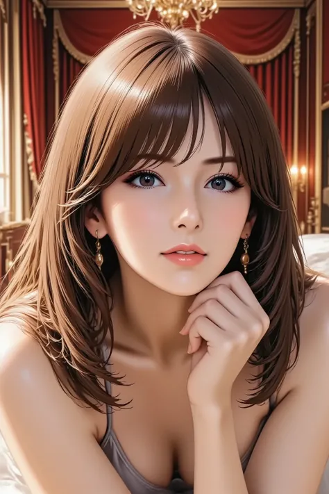 Anime style illustration, masterpiece, ultra detailed, rich colors, soft ambient light, high resolution, realistic textures, Eye-level shot, thigh-up portrait, standing pose, A mature woman, slightly upward face, gazing down at the viewer, elegant expressi...