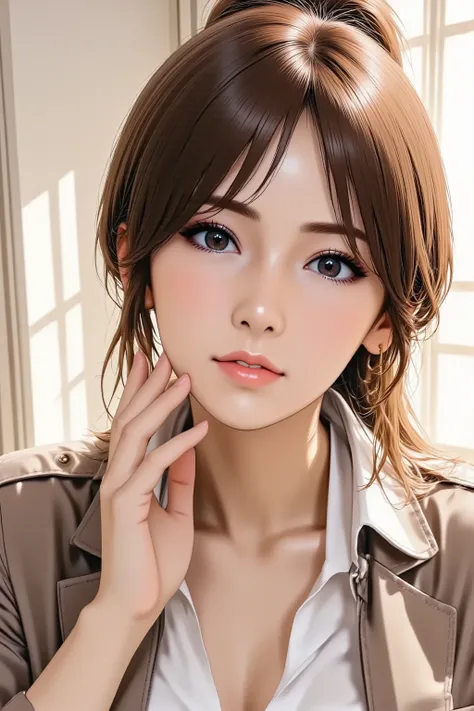 Anime style illustration, best quality, ultra detailed, sharp focus, high contrast, clean lines, Eye-level shot, thigh-up portrait, slightly angled view, A cool woman, intense gaze, strong contouring makeup, defined eyebrows, red lipstick, perfect 5-finger...