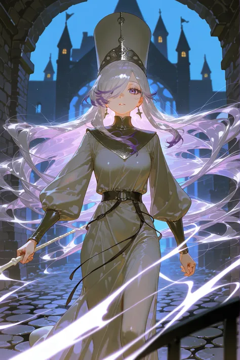 The ghostly medival princes is a ghost.(She has a transparent skin, the silhouette of her skeletal bones can be see through.) She has a mature physique. She has ghostly pale skin and bruises under her eyes. She has tired big black-purple eyes with long eye...