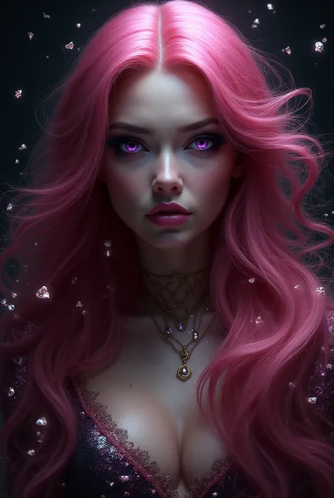 Pink Long Hair，purple eyes，Exquisite Face，Arrogant smile，womanhood，Fragmented Diamonds & Gemstones，Sense of luxury，dark tones