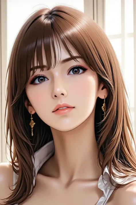 Anime style illustration, best quality, ultra detailed, sharp focus, high contrast, clean lines, Eye-level shot, thigh-up portrait, slightly angled view, A cool woman, intense gaze, strong contouring makeup, defined eyebrows, red lipstick, perfect 5-finger...