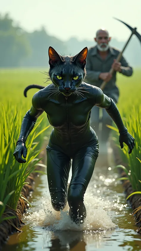 high-definition images、A cat girl in a black suit from Ghost in the Shell、is fleeing through a rice field filled with water、being chased by an old man with a sickle