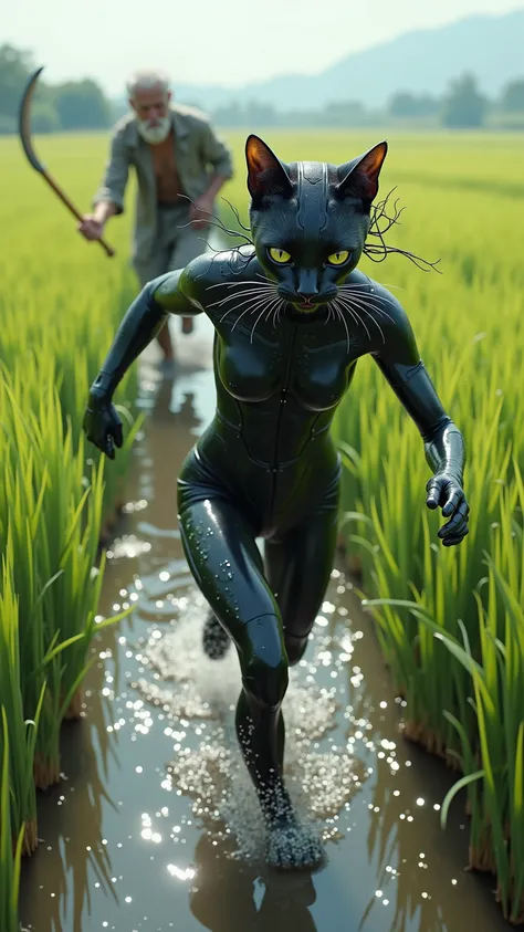 high-definition images、A cat girl in a black suit from Ghost in the Shell、is fleeing through a rice field filled with water、being chased by an old man with a sickle