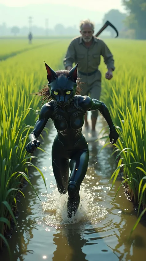 high-definition images、A cat girl in a black suit from Ghost in the Shell、is fleeing through a rice field filled with water、being chased by an old man with a sickle