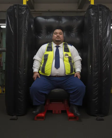 in a lighted abandoned warehouse,  a dripping with sweat 32 year old 280 pound fat belly Japanese male police man sitting on a padded red stool between two heavy thick black shiny rubber mattresses mounted on hydraulics intended to squeeze the man, robust ...
