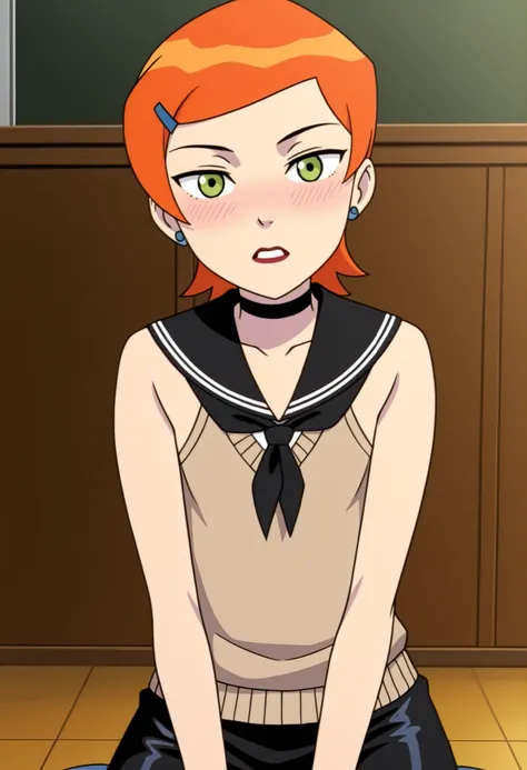 Gwen Tennyson . ginger . short hair . green eyes . flat breasts, flat chest, huge hips . slim body . choker . |  anime screencap, score_9, score_8_up, score_7_up, source_anime BREAK dwreiko, 1girl, solo, indoors, classroom BREAK latex school uniform, knitt...