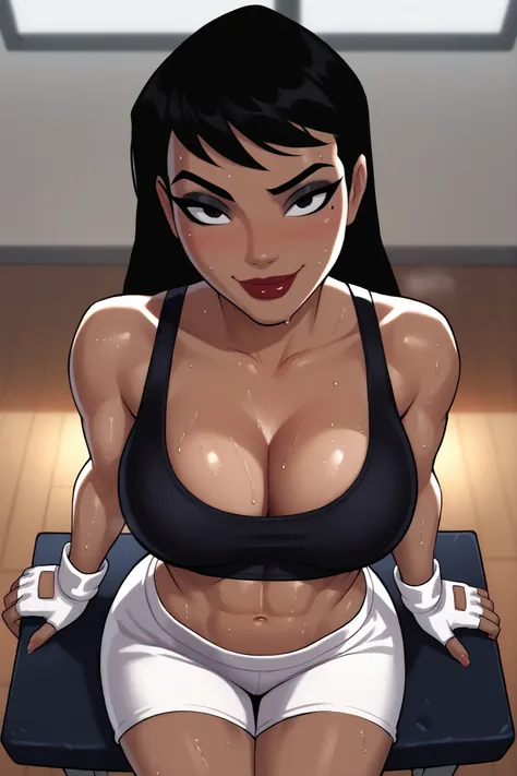 BREAK, score_6_up, score_7_up, score_8_up, score_9, 1girl, solo, Drlight, long hair, black hair, black eyes, lipstick, makeup, dark-skinned female,  large breasts, busty, cleavage, curvy, athletic, midriff, looking at viewer, seducing viewer, teasing viewe...