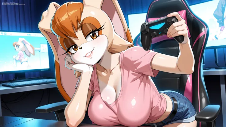 Vanilla the rabbit, brown eyes, rabbit girl, short hair, orange hair, pink t-shirt, blue denim, belt, large breasts, (masterpiece, best quality, ultra-detailed, 8k resolution, polished anime art, sensual atmosphere, NSFW, alluring body language, seductive ...