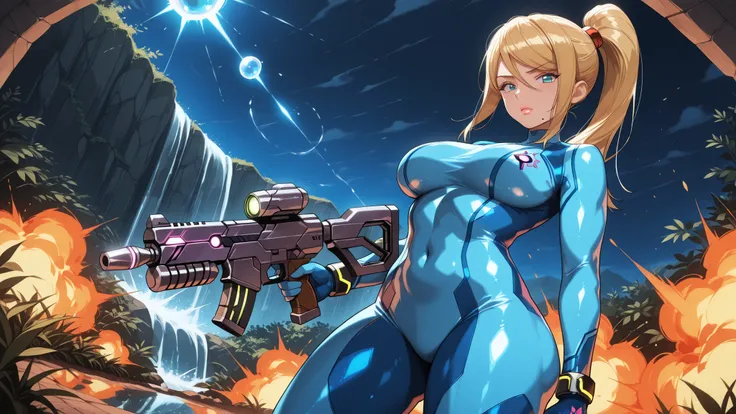 Samus Aran \(metroid\) a female character in a blue bodysuit holding a futuristic weapon with a fiery explosion in a jungle setting. on the middle of the image, a 1woman, who appears to be in her mid-twenties, with blonde hair styled in a ponytail, is stan...