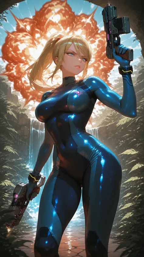 Samus Aran \(metroid\) a female character in a black bodysuit holding a futuristic weapon with a fiery explosion in a jungle setting. on the middle of the image, a 1woman, who appears to be in her mid-twenties, with blonde hair styled in a ponytail, is sta...