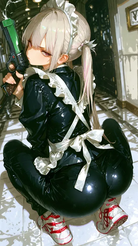 (masterpiece), (Highest Quality),8k, 32K,(perspective:1.3),dynamic angle,motion blur on background
Twin tails,PVC maid clothes,PVC black suit,big sneakers,
naughty pose,from behind,looking at viewer,determined,butt,hand gun