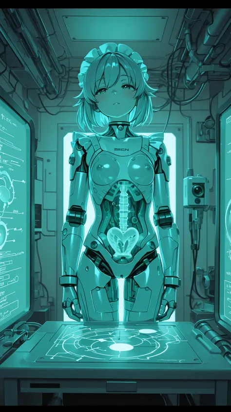 morimee_style,cute face,3DMM,maid clothes technical photo showing the internal structure of cyborgs、Internal precision machines and biological parts can be seen in a semi-disassembled state、connection part of wiring and artificial muscles、precise joint mec...
