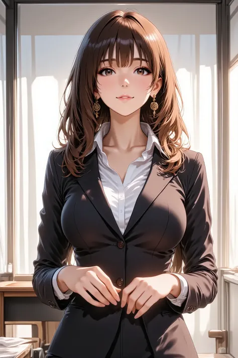 Anime style illustration, masterpiece, ultra detailed, vibrant colors, soft glow, high resolution, realistic shading, Eye-level shot, thigh-up portrait, frontal view, A mature woman, elegant expression, confident gaze, gentle smile, beautiful 5-fingered ha...