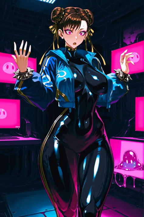 Chun-Li. Brown hair. Mechanical black chignon cap. Glowing pink eyes. Villain eyeshadow. Purple eyeshadow. Surprised expression. Glossy. Black latex bodysuit. Blue jacket. Open front. Slime body. Big breasts. Slender body. Large waist. Massive legs. Detail...