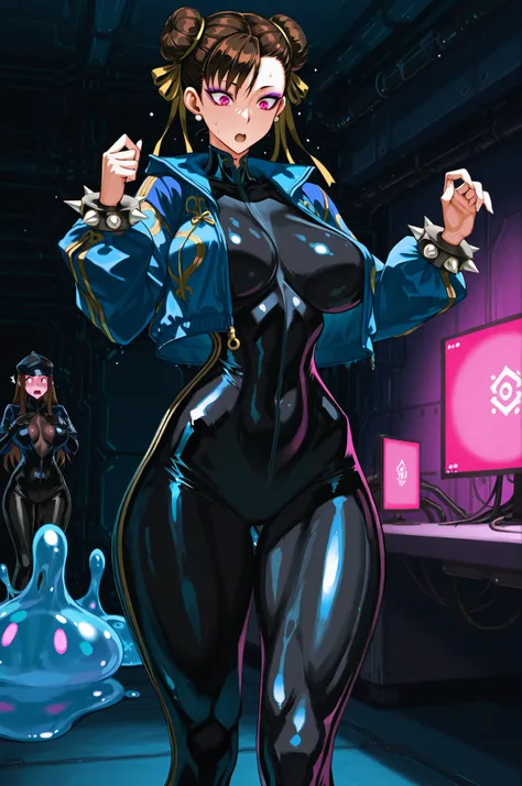 Chun-Li. Brown hair. Mechanical black chignon cap. Glowing pink eyes. Villain eyeshadow. Purple eyeshadow. Surprised expression. Glossy. Black latex bodysuit. Blue jacket. Open front. Slime body. Big breasts. Slender body. Large waist. Massive legs. Detail...