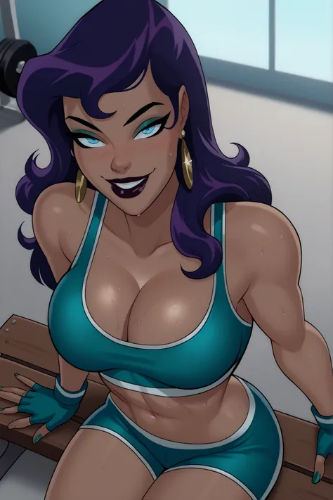 BREAK, score_9, score_8_up, score_7_up, score_6_up, masterpiece, high quality, NorCirce, 1girl, solo, purple hair, long hair, blue eyes, earrings, jewelry, large breasts, cleavage, curvy, athletic, dark-skinned female, lipstick, makeup, looking at viewer, ...