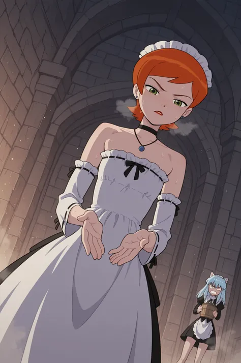 Gwen Tennyson . red ginger . short hair . green eyes . red lips, flat breasts, flat chest, huge hips . slim body . choker . | masterpiece, best quality, amazing quality, very aesthetic, high resolution, ultra-detailed, absurdres, newest, colorful, rim ligh...