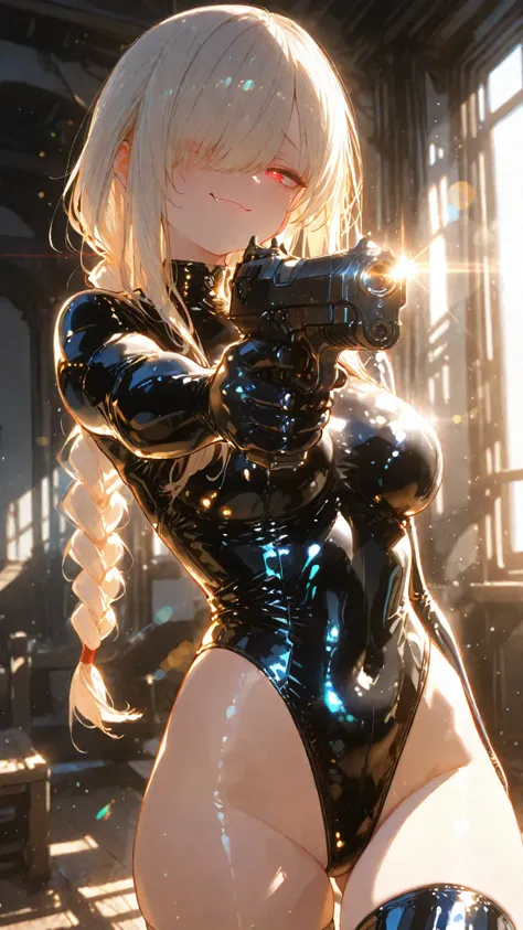 (傑作), (最高品質),8k, 32K,cowboy shot,naughty pose,backlighting, rim lighting effect, glowing outline, cinematic composition,lens flare
braided ponytail,hair over one eye,glossy latex suit,((High leg)),glossy latex knee-high socks ,hand gun,aiming, looking at ...