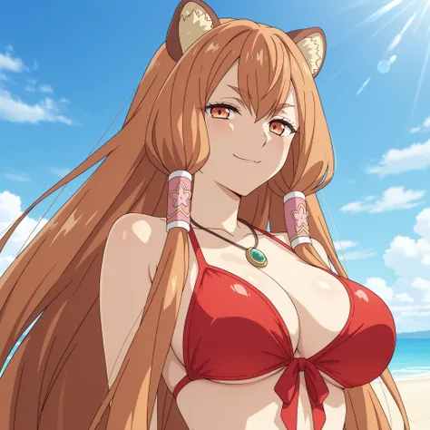 (Natalia, Tate no Yuusha no Nariagari, raccoon girl, raccoon ears, Cola de Mullida, animal ear fluff, orange eyes, orange hair, very long hair, long hair, hair between the eyes, capillary tubes, slender figure and big breasts, She wears a red bikini and w...