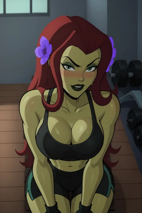 2d, score_9, score_8_up, score_7_up, score_6_up, flower, BREAK, 1girl, solo, standing, red hair, PIVYbatb, green skin, cleavage, curvy, athletic, makeup, smile, closed mouth, large breasts, long hair, black lips, hair ornament, seductive expression, bedroo...