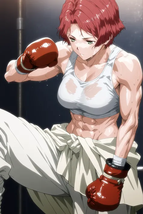 1girl, solo, young mature, yukinakabaneri, green eyes, short hair, red hair, slender, muscle, boxing gloves, white tank top, clothes around waist, white pants, breasts, midriff, abs, sweating