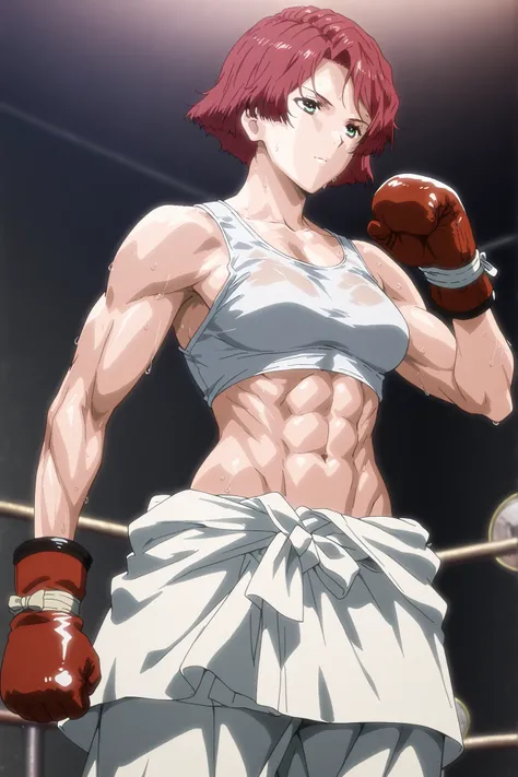 1girl, solo, young mature, yukinakabaneri, green eyes, short hair, red hair, slender, muscle, boxing gloves, white tank top, clothes around waist, white pants, breasts, midriff, abs, sweating