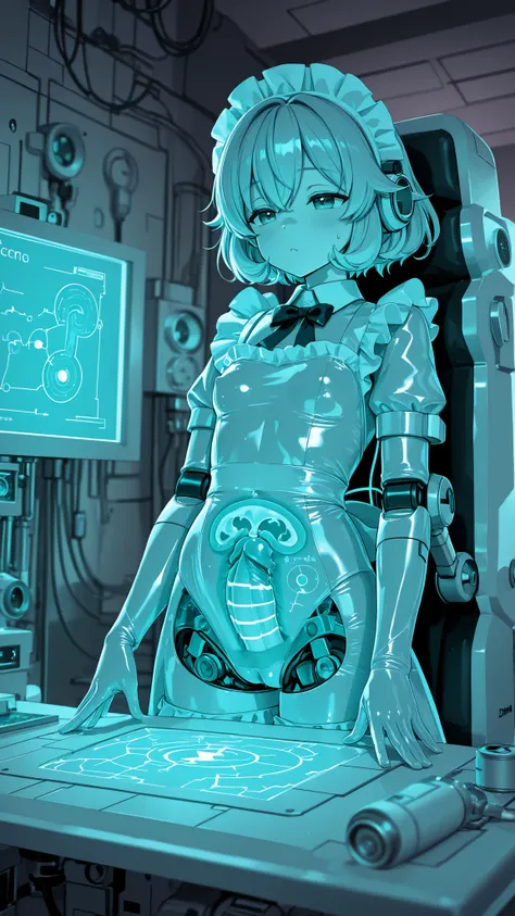 morimee_style,cute face,3DMM,Technical photograph showing the internal structure of chubby cyborgs in latex maid clothes、Internal precision machines and biological parts can be seen in a semi-disassembled state、connection part of wiring and artificial musc...