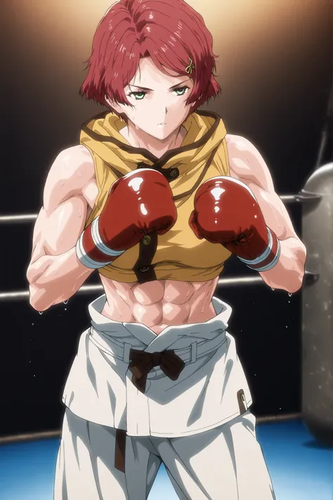 1girl, solo, young mature, yukinakabaneri, green eyes, short hair, red hair, slender, muscle, boxing gloves, sleeveless hoodie, boxing stance, white pants, breasts, midriff, abs, sweating