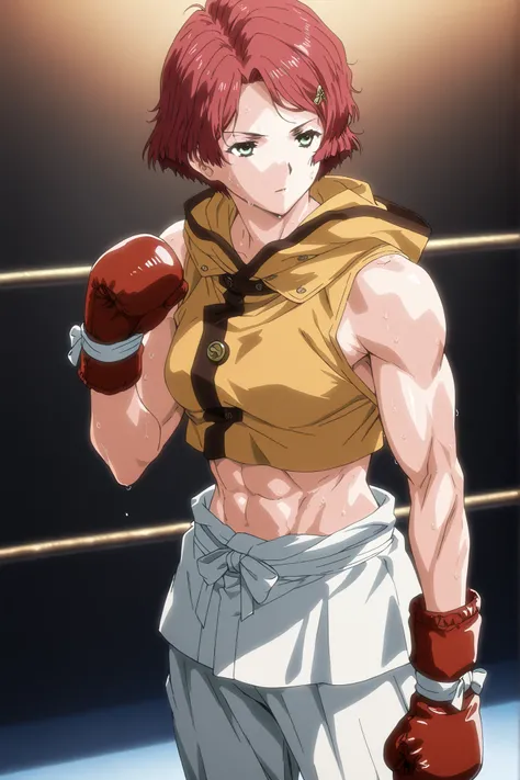 1girl, solo, young mature, yukinakabaneri, green eyes, short hair, red hair, slender, muscle, boxing gloves, sleeveless hoodie, boxing stance, white pants, breasts, midriff, abs, sweating
