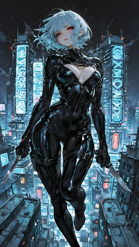 (masterpiece), female spy agent parkour jumping between skyscrapers at night, static aerial motion at jump peaks, neon cityscape background、Glowing signs and reflections, intense feeling of freedom and energy defying gravity, The wind makes her hair , expr...