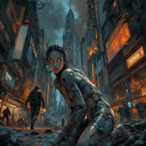 helen wells,aidmafluxpro1.1,Night View of Heavy Rain、A beautiful woman in a huge latex bodysuit is crouching、Man running away from a beautiful woman in a latex bodysuit、Burning and Collapsing City、station、line、 Tram、Railroad crossing、A beautiful woman wear...