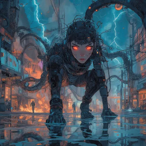 helen wells,anime,cyberpunk,Night View of Heavy Rain、A beautiful woman in a huge latex bodysuit is crouching、Man running away from a beautiful woman in a latex bodysuit、Burning and Collapsing City、station、line、 Tram、Railroad crossing、A beautiful woman wear...