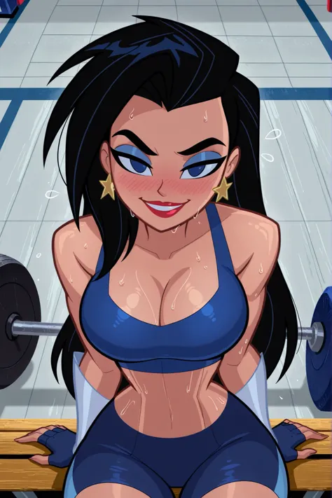 BREAK, score_6_up, score_9, score_8_up, score_7_up, ultra quality, solo, 1girl, wonderwomanjla, long hair, black hair, bare shoulders, jewelry, earrings, busty, blue sports bra, blue gym shorts, blue fingerless gloves, makeup, lipstick, star earrings, look...