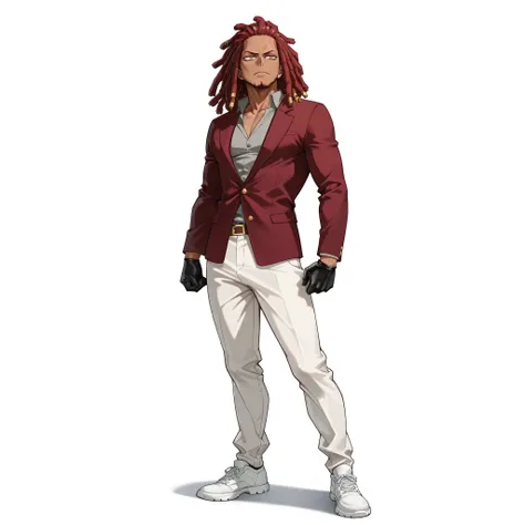 (male), (old man, beard), (athletic build), (dark brown skin), (orange eyes), (red hair, long dreadlock hair)), (solo), (single character), (full body version), (white background), (no background), (highly detailed), (shadow), (standing pose), (natural lig...