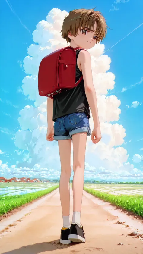 (Masterpiece: 1.2), 4k, (Highest quality, High resolution, High detail), 1 Boy, Solo, ((Li Xiaoran)), (Young boy), ((Elementary school student)), (Randoseru), Short brown hair, (Big detailed brown eyes), (Cleft lip, Perverted smile), (Black sleeveless bagg...